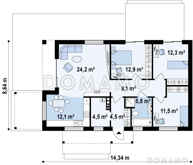 Проект одноэтажного дома из кирпича современного дизайна / План 1 этажа