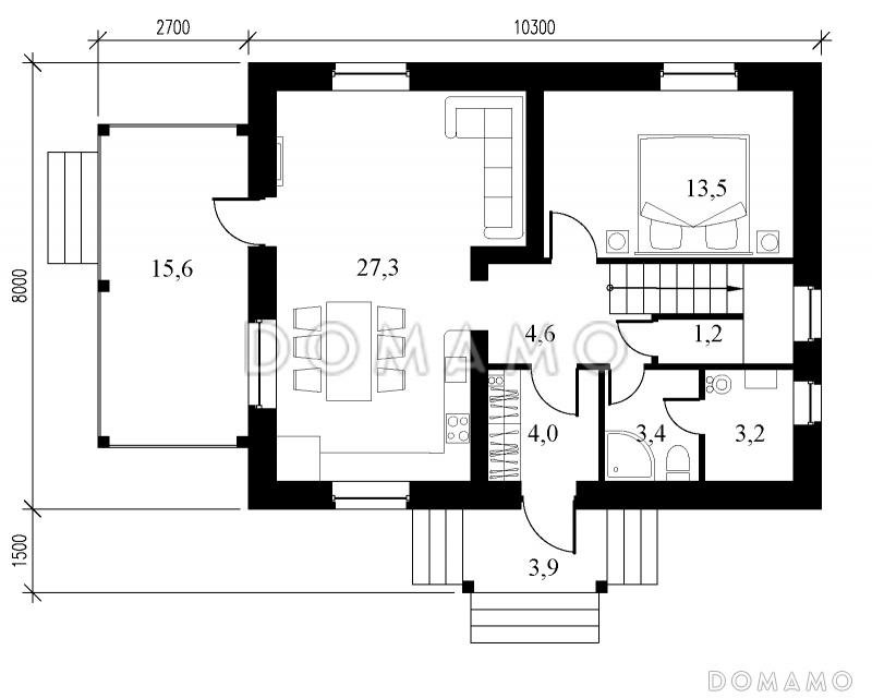Проект двухэтажного коттеджа с террасой и двухцветной облицовкой / План 1 этажа
