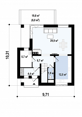 Проект небольшого одноэтажного мансардного дома из газобетона с тремя спальнями и просторной гостиной / План 1 этажа Проект небольшого одноэтажного мансардного дома из газобетона с тремя спальнями и просторной гостиной / План 1 этажа