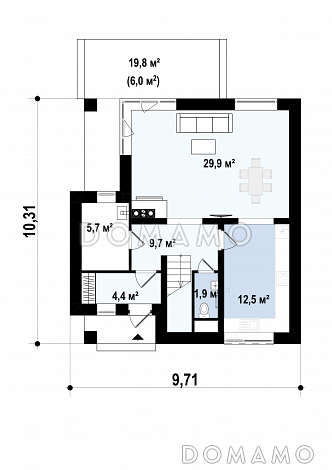 Проект небольшого одноэтажного мансардного дома из газобетона с тремя спальнями и просторной гостиной / План 1 этажа Проект небольшого одноэтажного мансардного дома из газобетона с тремя спальнями и просторной гостиной / План 1 этажа
