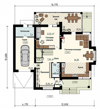Проект загородного дома с гаражом, функциональной прихожей, просторной столовой зоной, зимнем садом / План 1 этажа Проект загородного дома с гаражом, функциональной прихожей, просторной столовой зоной, зимнем садом / План 1 этажа