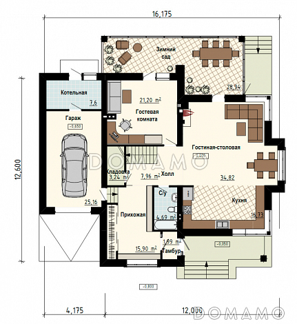 Проект загородного дома с гаражом, функциональной прихожей, просторной столовой зоной, зимнем садом / План 1 этажа Проект загородного дома с гаражом, функциональной прихожей, просторной столовой зоной, зимнем садом / План 1 этажа