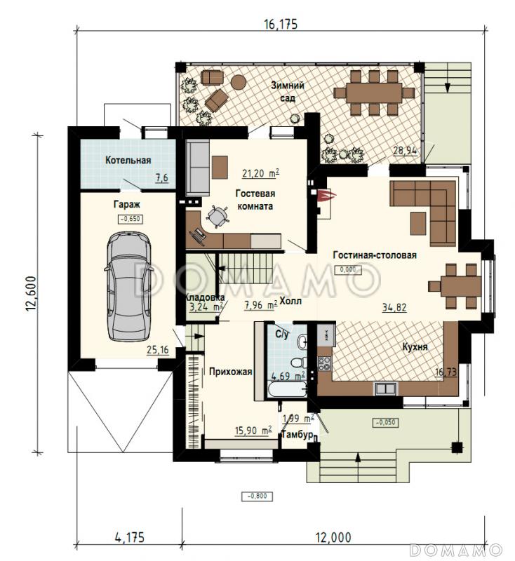 Проект загородного дома с гаражом, функциональной прихожей, просторной столовой зоной, зимнем садом / План 1 этажа