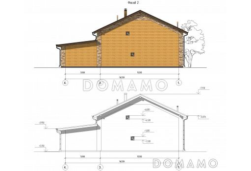 Проект бани с бассейном и двумя комнатами на мансарде / Фасад 2