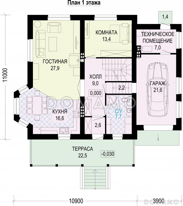 Проект двухэтажного газобетонного дома c подвалом и пристроенным гаражом / План 1 этажа
