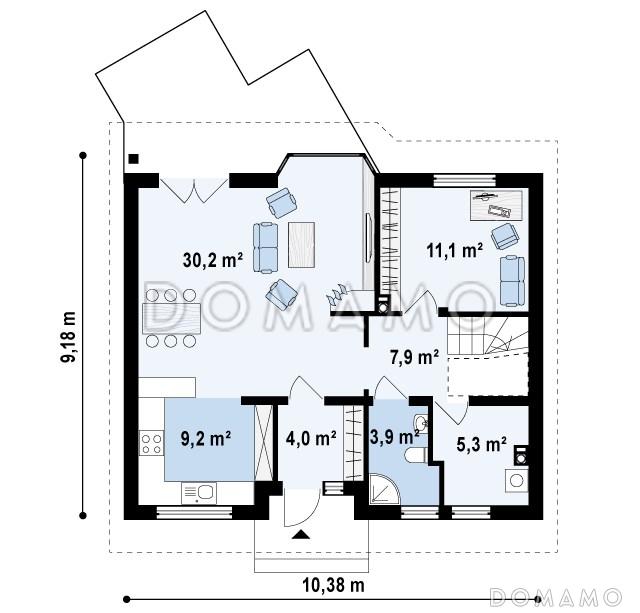 Проект одноэтажного мансардного дома из газобетона с кабинетом, тремя спальнями и эркером в гостиной / План 1 этажа