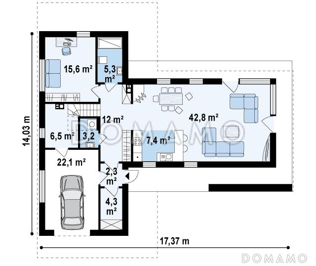 Проект современного двухэтажного дома из газобетона с плоской крышей, четырьмя комнатами и одноместным гаражом / План 1 этажа
