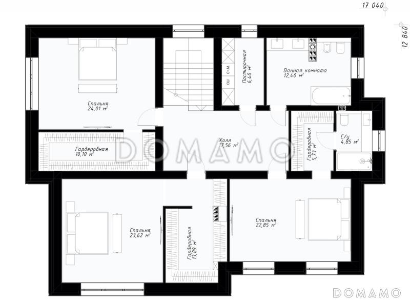 Проект двухэтажного дома в стиле Райта с кухней-столовой, застекленной террасой, постирочной на втором этаже / План 2 этажа
