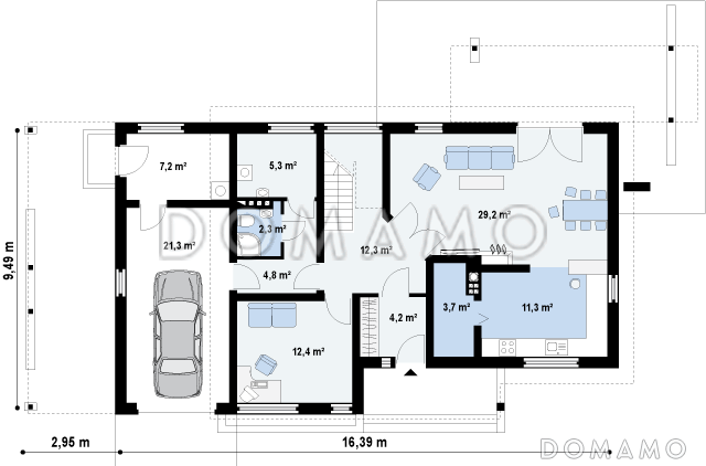 Проект двухэтажного дома из кирпича с четырьмя комнатами, гаражом и открытой террасой над ним / План 1 этажа