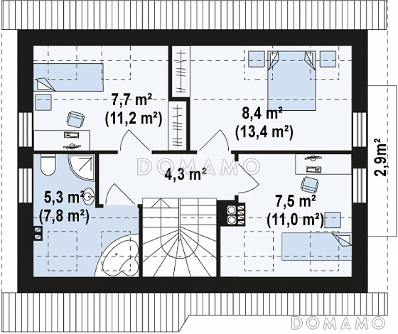 Проект одноэтажного мансардного дома из кирпича с балконом и навесом для автомобиля / План мансардного этажа Проект одноэтажного мансардного дома из кирпича с балконом и навесом для автомобиля / План мансардного этажа