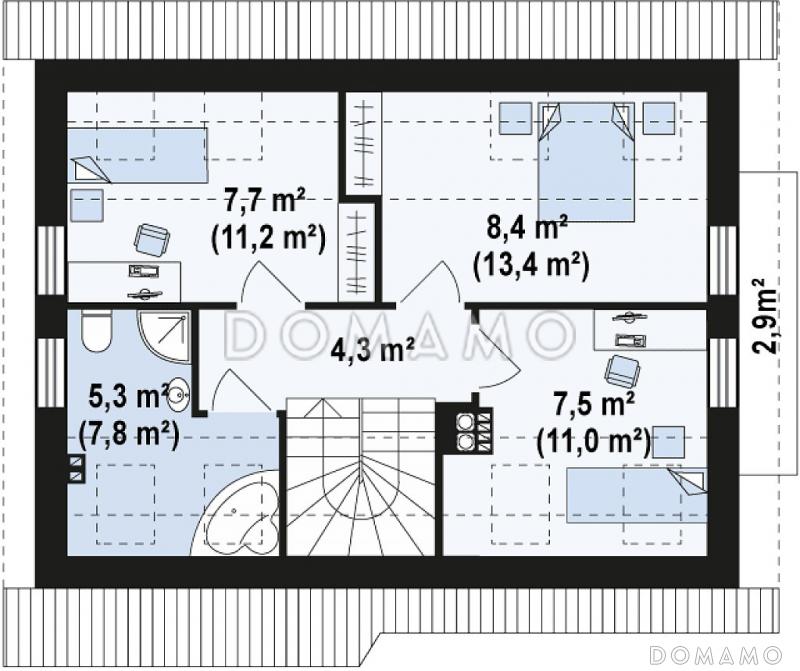 Проект одноэтажного мансардного дома из кирпича с балконом и навесом для автомобиля / План мансардного этажа