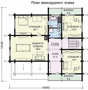 Проект дома с цокольным этажом, тренажерным залом, сауной и гаражом на два автомобиля / План мансардного этажа Проект дома с цокольным этажом, тренажерным залом, сауной и гаражом на два автомобиля / План мансардного этажа