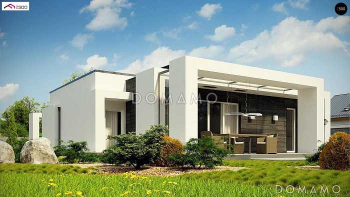 Проект одноэтажного дома из кирпича с плоской крышей, с четырьмя спальнями и крытыми террасами