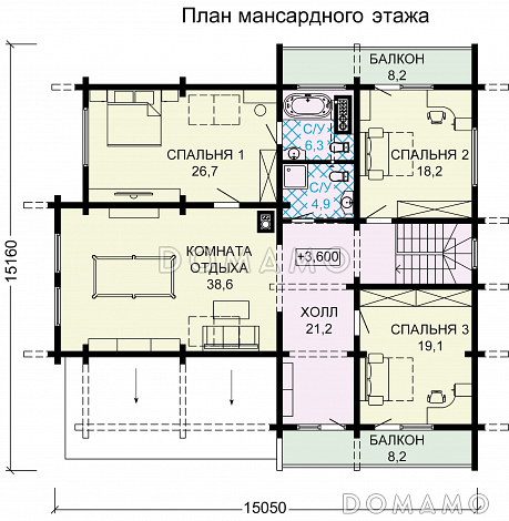Проект дома с цокольным этажом, тренажерным залом, сауной и гаражом на два автомобиля / План мансардного этажа Проект дома с цокольным этажом, тренажерным залом, сауной и гаражом на два автомобиля / План мансардного этажа