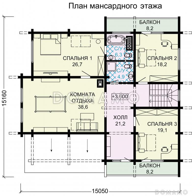 Проект дома с цокольным этажом, тренажерным залом, сауной и гаражом на два автомобиля / План мансардного этажа
