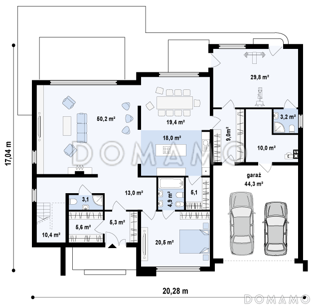 Проект большого комфортабельного двухэтажного дома из газобетона с пятью комнатами, спортзалом и вторым светом над просторной гостиной / План 1 этажа