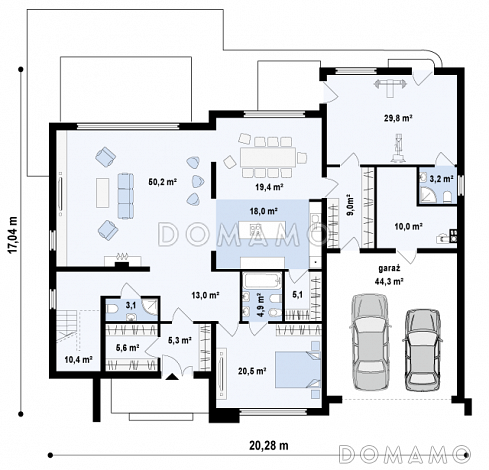 Проект большого комфортабельного двухэтажного дома из газобетона с пятью комнатами, спортзалом и вторым светом над просторной гостиной / План 1 этажа Проект большого комфортабельного двухэтажного дома из газобетона с пятью комнатами, спортзалом и вторым светом над просторной гостиной / План 1 этажа