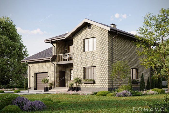 Проект современного двухэтажного дома с просторным гаражом, балконом, совмещенной кухней-гостиной и большим зимним садом на втором этаже Проект современного двухэтажного дома с просторным гаражом, балконом, совмещенной кухней-гостиной и большим зимним садом на втором этаже