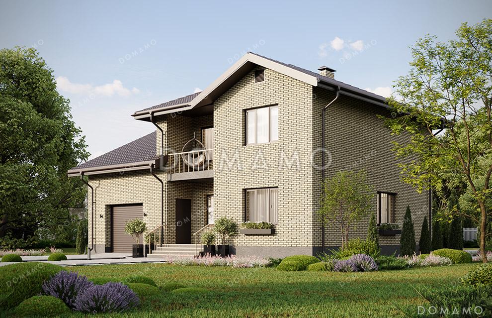 Проект современного двухэтажного дома с просторным гаражом, балконом, совмещенной кухней-гостиной и большим зимним садом на втором этаже / 2