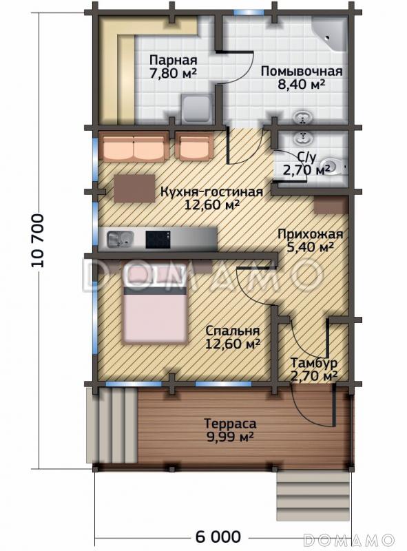 Проект дома из клееного бруса до 100 кв.м / План 1 этажа
