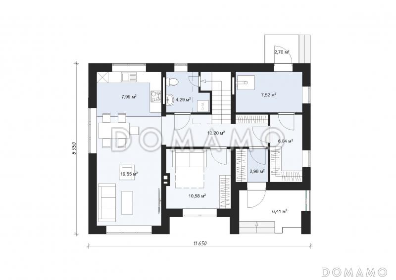 Проект современного двухэтажного дома с четырьмя спальнями S-136 / План 1 этажа