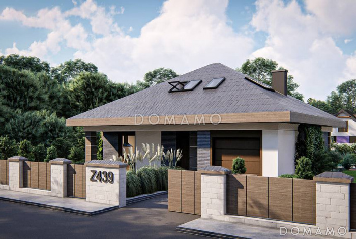 Проект загородного дома с мансардой, гаражом на одну машину, кладовой под лестницей