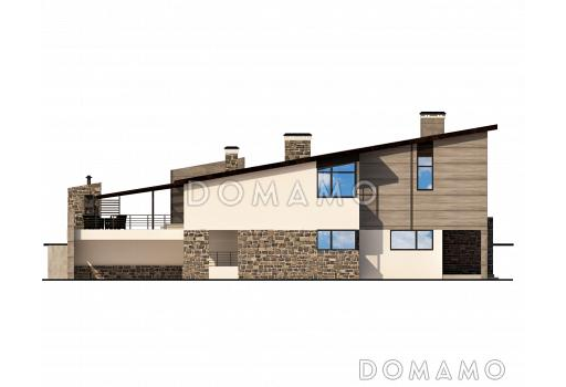 Проект дома с косой крышей, гаражом на две машины, просторной гостиной с камином, хозяйской спальней с камином и балконом, крытой террасой / Фасад 1