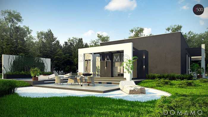 Проект просторного современного одноэтажного дома из кирпича с плоской крышей с четырьмя спальнями, террасой и крытым навесом для двух автомобилей Проект просторного современного одноэтажного дома из кирпича с плоской крышей с четырьмя спальнями, террасой и крытым навесом для двух автомобилей