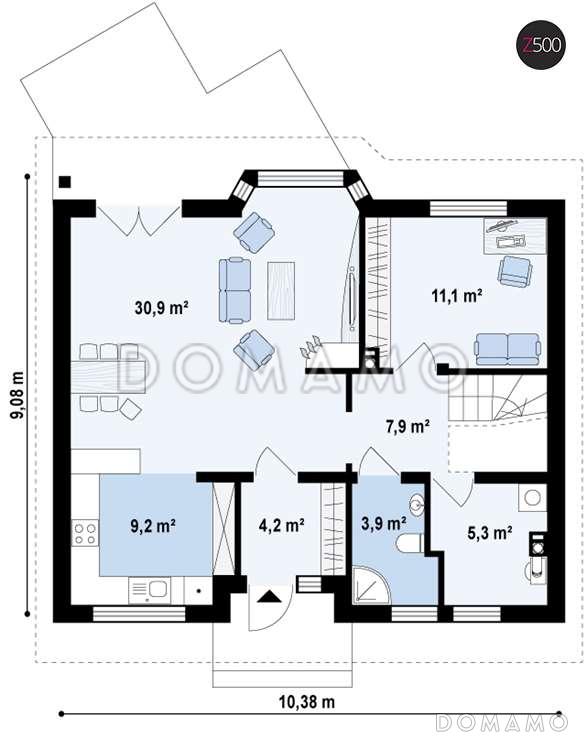 Проект одноэтажного мансардного дома из кирпича с тремя спальнями, кабинетом и эркером в гостиной / План 1 этажа