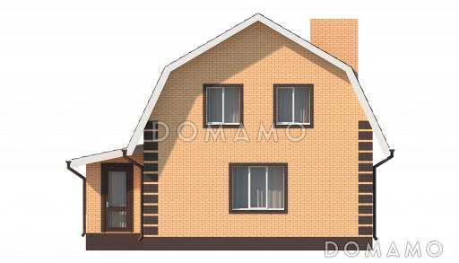 Проект загородного дома с небольшой верандой, спальней на первом этаже, совмещенной кухней-столовой / Фасад 2