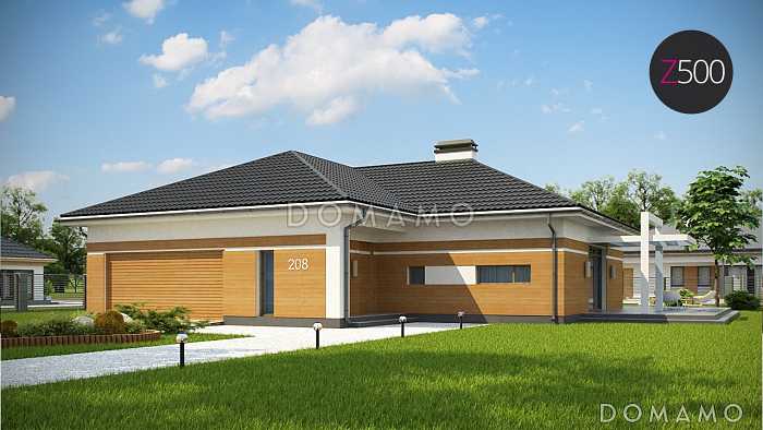 Проект углового одноэтажного дома из газобетона с облицовкой классических фасадов деревянной вагонкой и с гаражом на два автомобиля Проект углового одноэтажного дома из газобетона с облицовкой классических фасадов деревянной вагонкой и с гаражом на два автомобиля