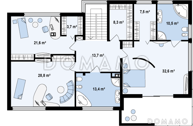 Проект современного двухэтажного дома в стиле хай-тек из кирпича с плоской крышей, гаражом и балконом / План 2 этажа