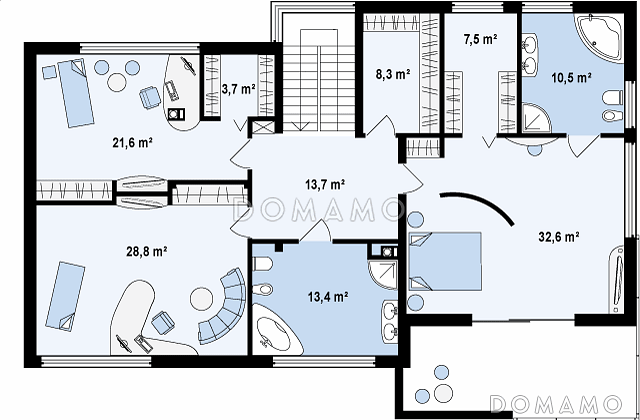 Проект современного двухэтажного дома в стиле хай-тек из кирпича с плоской крышей, гаражом и балконом / План 2 этажа Проект современного двухэтажного дома в стиле хай-тек из кирпича с плоской крышей, гаражом и балконом / План 2 этажа
