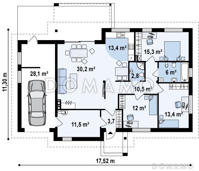 Проект одноэтажного дома из газобетона с большой гостиной, тремя спальнями и гаражом  / План 1 этажа