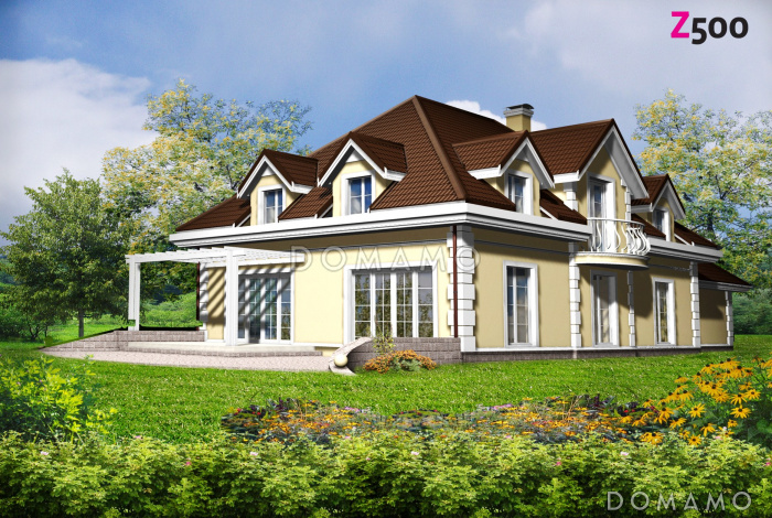 Проект большого одноэтажного мансардного дома из газобетона с просторной гостиной, гаражом и бильярдной 