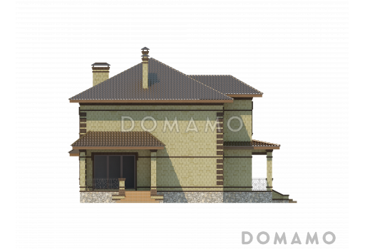 Проект двухэтажного дома с пристроенным гаражом, террасой и крыльцом / Фасад 3