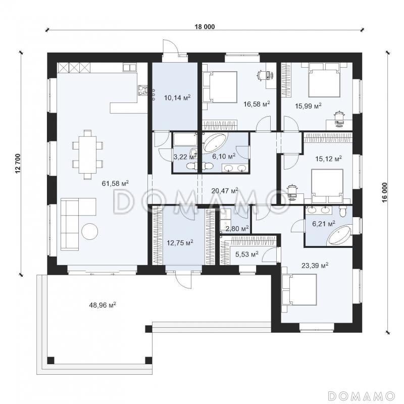 Проект одноэтажного дома с четырьмя спальнями в стиле Райт S-198 / План 1 этажа