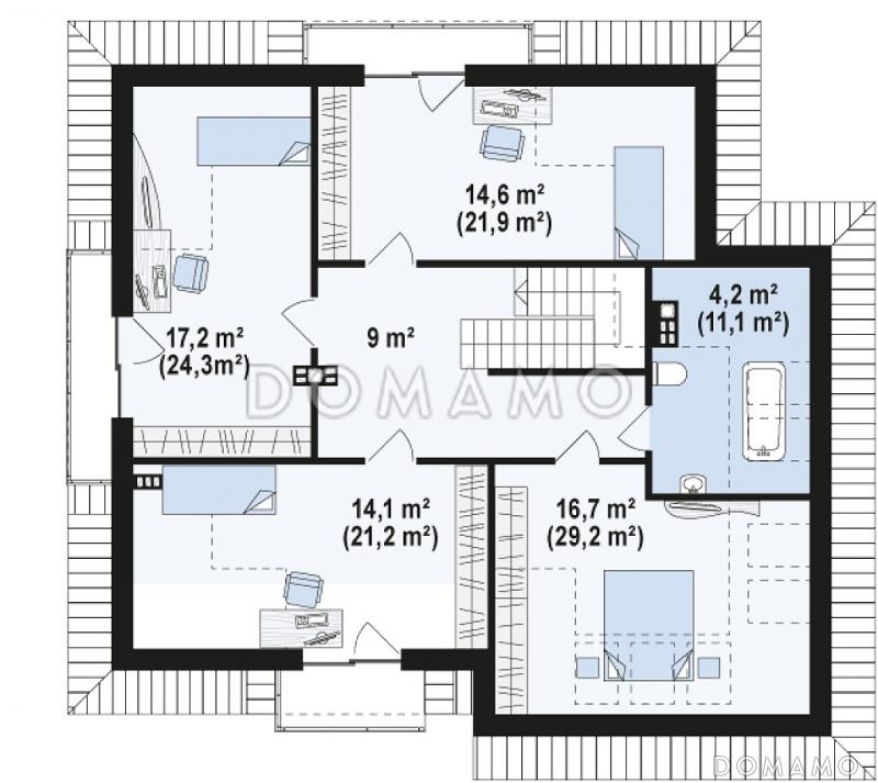 Проект классического одноэтажного мансардного дома из газобетона с дополнительными спальнями на первом этаже и мансардном, с тремя балконами и гаражом на два автомобиля / План мансардного этажа