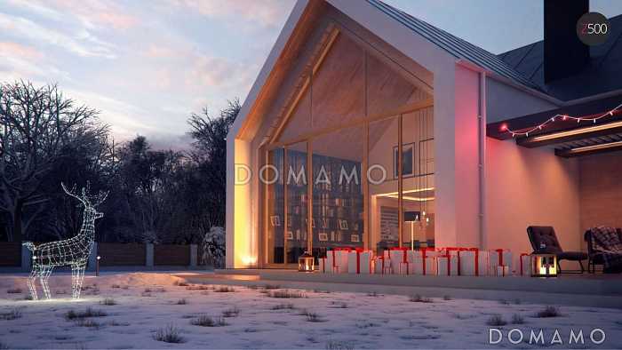 Проект современного одноэтажного мансардного дома из кирпича с панорамным остеклением, вторым светом и с гаражом