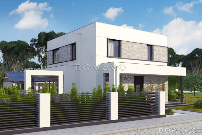 Проект современного двухэтажного дома из кирпича с плоской крышей, четырьмя комнатами и угловым остеклением гостиной Проект современного двухэтажного дома из кирпича с плоской крышей, четырьмя комнатами и угловым остеклением гостиной