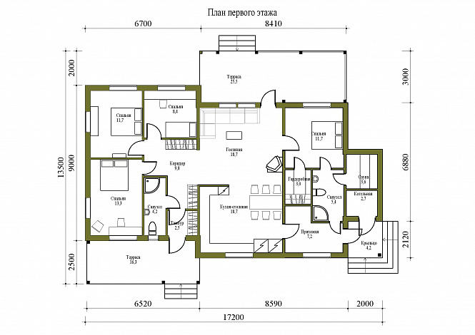 Проект одноэтажного каркасного дома с двумя крытыми террасами и сауной / План 1 этажа