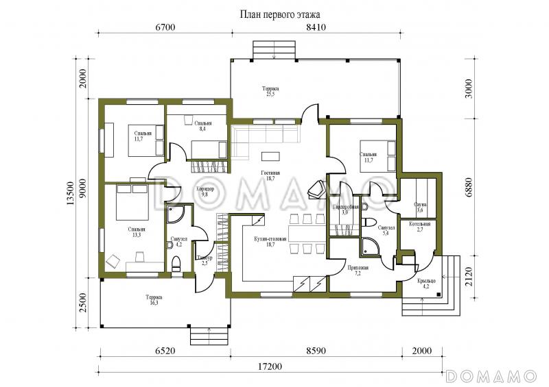 Проект одноэтажного каркасного дома с двумя крытыми террасами и сауной / План 1 этажа