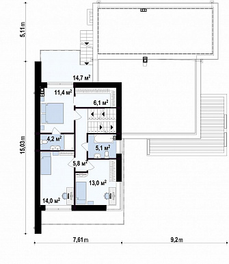 Проект современного двухэтажного дома из кирпича с подземным гаражом и террасой на втором уровне / План 2 этажа Проект современного двухэтажного дома из кирпича с подземным гаражом и террасой на втором уровне / План 2 этажа