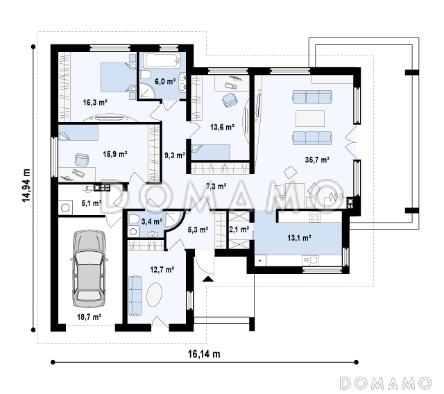 Проект одноэтажного дома из кирпича со свободной планировкой на мансардном этаже и гаражом для одного автомобиля / План 1 этажа