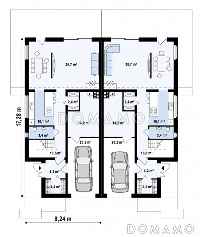 Проект мансардных домов-близнецов из кирпича современного дизайна с гаражом и террасой на втором этаже / План 1 этажа