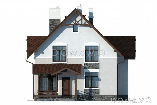 Проект теплого дачного дома с остекленной верандой и декоративными балками под коньком крыши / Фасад 1