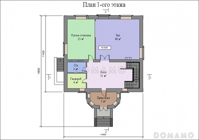 Проект большого двухэтажного дома с цоколем и мансардой,с эркером, сауной и бассейном / План 1 этажа Проект большого двухэтажного дома с цоколем и мансардой,с эркером, сауной и бассейном / План 1 этажа