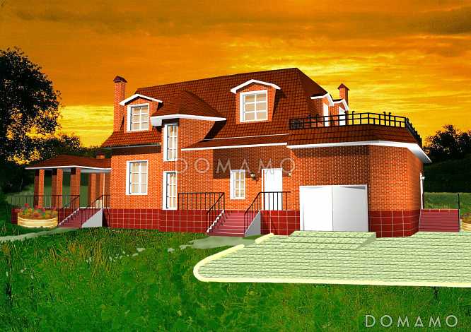 Проект одноэтажного коттеджа с мансардным этажом, гаражом и летней открытой площадкой на крыше гаража