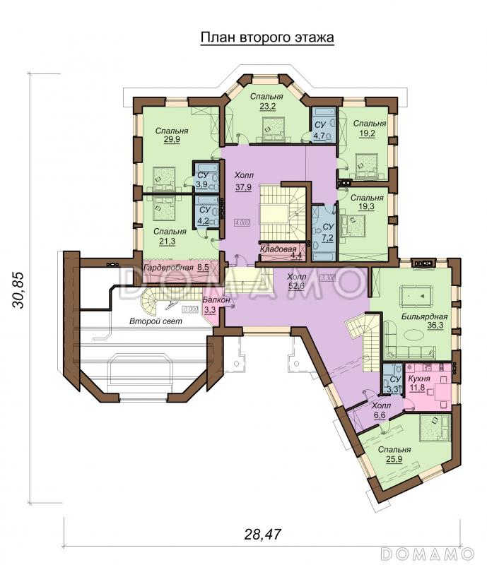 Проект большого двухэтажного дома с мансардой,с эркером, гаражом, сауной и бассейном / План 2 этажа