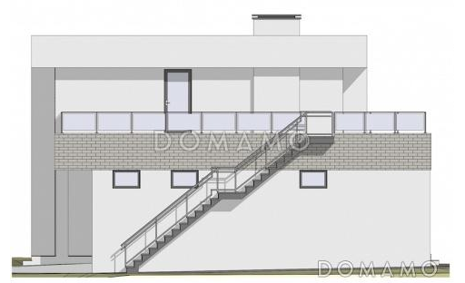 Проект двухэтажного дома из газобетона в стиле хай-тек со встроенным гаражом и открытой террасой на втором этаже / Фасад 1